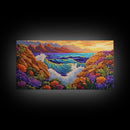 Ocean Cliff View, Crashing Waves Sunset, Bold Coastal Art, Framed Canvas Print, Nature Inspired Decor, Vibrant Seascape Painting