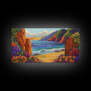 Ocean Cliffside, Flowers, Canvas Print, Colorful beachscape painting, Bathroom Wall Art, vibrant coastal decor,beach flower wall art