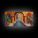 Courtyard Fountain, Colorful, Mediterranean, Framed Canvas Print, Spanish Style Art, Hallway Wall Decor, Bold Architecture Painting