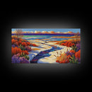Winter River, Snow, Colorful, Framed Canvas Print, Winter Wonderland Art, Vibrant Seasonal Landscape, Cozy Cabin Wall Decor