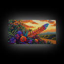 Feather Sunset, Flowers, Nature, Framed Canvas Print, Boho Feather Wall Art, Fall Home Decor, Living Room Autumn Art, Nature Painting
