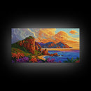 Coastline Mountains, Sunset, Landscape, Framed Canvas Print, Seascape Wall Art, Coastal Decor, Colorful Landscape, Living Room Beach Art