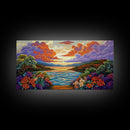Sunset Floral, Lake, Garden, Framed Canvas Print, romantic nature painting, bedroom wall art, bright flower garden decor, sunset print