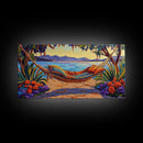 Hammock Lake, Relax, Peace, Framed Canvas Print tropical lakeside retreat artwork, relaxing boho bedroom art, beachy summer decor