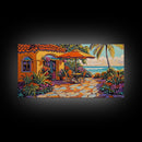 Patio Palm, Ocean, Framed Canvas Print, Tropical Patio Garden Scene, Warm Mediterranean Style Wall Decor,  Dining Room Art