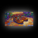 Colorful Moccasins, Boho, Style, Framed Canvas Print, vibrant moccasin shoes, Boho Decor, Bedroom Wall Art, Southwestern art