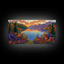 Mountain Lake, Sunset Reflection, Wildflower Meadow, Canvas Print, Vibrant Nature Art, Living Room or Cabin Wall Decor