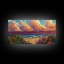 Tropical Beach, Clouds, Canvas Print, Colorful coastal beach artwork with dramatic clouds and waves, Bathroom Wall Art, coastal style