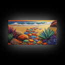 Beach Path, Ocean, Sunset, Canvas Print, Colorful beach path with stones and ocean waves, vibrant coastal Living Room Wall Art