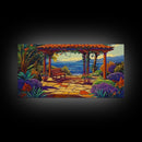 Garden Ocean View, Terrace, Framed Canvas Print, Serene garden bench by the ocean with colorful flowers, perfect Living Room Wall Art