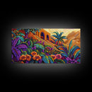 Jungle, Flowers, Adobe, Hillside, Framed Canvas Print tropical wall art, vibrant living room decor, boho jungle scene painting