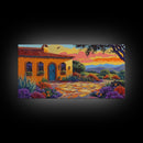 House Sunset, Garden, Southwest, Framed Canvas Print warm adobe home wall art, colorful southwestern sunset print, cozy kitchen decor