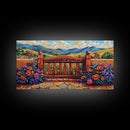 Gate Flowers, Mountains, Country, Framed Canvas Print rustic floral country gate art, bright farmhouse boho garden decor, patio print