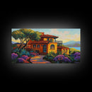 Villa Hillside, Coastal, Colorful, Framed Canvas Print Mediterranean house art, vibrant landscape painting, kitchen boho decor print