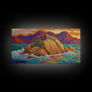 Island Sunset, Coastal Flowers, Ocean Rocks, Framed Canvas Print, Tropical Landscape Wall Art, Colorful Living Room Art, Entryway Decor
