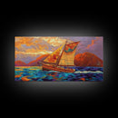 Sailboat Sunset, Ocean, Adventure, Framed Canvas Print Nautical coastal wall art, colorful seascape, bold living room decor