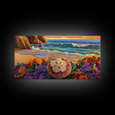 Ocean Beach, Flower, Sand Dollar, Coastal Beach Scene Framed Canvas Print, Bathroom Wall Art, Tropical Seaside Decor, Coastal Painting