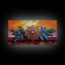 Mandala Sunset, Leaves, Ornament, Framed Canvas Print, spiritual boho wall decor, entryway wall art, zen home sacred symbol painting
