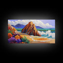 Rocks Beach, Flowers, Ocean, Framed Canvas Print, colorful tropical seascape, modern coastal wall art, bright nature themed decor
