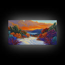 Winter Sunset, Lake, Trees, Framed Canvas Print, Autumn cabin wall art, colorful landscape living room decor, mountain snow painting