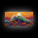 Sunset Wave, Floral, Ocean, Canvas Print, Tropical beach flower art, vibrant ocean wave decor, living room painting, sunset seascape