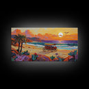 Horse Carriage, Sunset, Beach, Framed Canvas Print, coastal western art, rustic sunset scene, boho living room wall decor