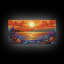 Flowers Sunset, Ocean View, Coastal Bloom, Framed Canvas Print, Vibrant Nature Art, Kitchen Wall Decor, Beach Garden Scene, Bold Colors