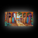 Surfboards Beach, Tropical, Colorful Life, Framed Canvas Print, Coastal Art, Entryway Wall Decor, Surf Shack Vibes, Tropical Summer