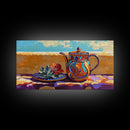 Teapot Patio, Desert, Ceramic, Framed Canvas Print, bold desert teapot art, colorful Mexican pottery, sunny outdoor patio wall art