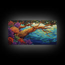 Tree, Ocean, Cliffside, Wildflowers, Framed Canvas Print, Vibrant ocean view, coastal tree decor, autumn style living room wall art