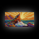 Sunrise, Waves, Rocks, Ocean, Canvas Print, Sunrise coastal print, ocean splash wall art, spiritual sunburst decor, beach home accent