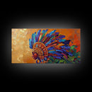 Aztec Warrior, Headpiece, Art, Framed Canvas Print, Indigenous feather headdress wall decor, bold bohemian accent, office statement