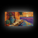 Sunset Terracotta, Patio, Art, Framed Canvas Print, Colorful Mexican pottery scene, vibrant tropical wall art, boho entryway decor