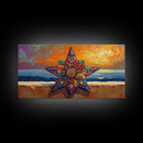 Star Sunset, Ocean, Mandala, Framed Canvas Print vibrant boho wall art, coastal living room decor, sunset mandala beach house artwork