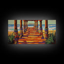 Pier Beach, Sunset, Vibrant, Canvas Print tropical coastal wall art, beach hallway decor, ocean waves painting, summer home artwork