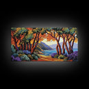 Trees Autumn, Ocean Trail, Canvas Print, Fall landscape, trees leading to ocean view, colorful palette, Living Room Wall Art