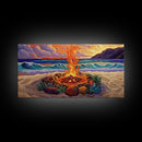 Beach Campfire, Sunset, Tropical Vibes, island evening Canvas Print, fall boho decor, colorful beach firepit living room wall art