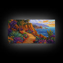 Pathway Ocean, Flowers, Escape, Coastal trail wall art, vibrant Canvas Print, bedroom nature painting, colorful California coast style