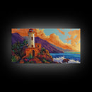 Lighthouse Ocean, Sunset, Cliff, Coastal lighthouse Canvas Print, living room seascape painting, nautical wall decor, sunset vibes art