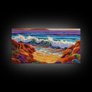 Surf Shoreline, Rocks, Sunset, Vibrant coastal Canvas Print, wave crashing beach art, living room ocean scene, colorful boho seascape