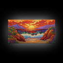Sunset Waves, Rocks, Framed Canvas Print, Vibrant ocean sunset, crashing waves cliffs painting, Coastal Decor, Beach House Wall Art