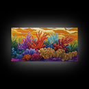 Reef Sunset, Underwater, Framed Canvas Print, Vibrant coral reef with tropical plants, sunset sky, Beachy decor, Bathroom Wall Art