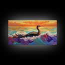 Ocean Bird, Sunset, Framed Canvas Print, Vibrant seabird in waves sunset seascape painting, Colorful Coastal Decor, Bathroom Wall Art