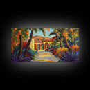 Villa Garden, Palms, Path, Framed Canvas Print, tropical courtyard scene, Mediterranean decor, living room wall art, villa painting