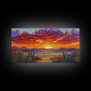Sunset Beach, Desert, Cactus, Framed Canvas Print, vivid sunset desert beach scene, boho coastal decor, southwestern wall art