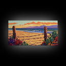 Beach Cactus, Fence, Framed Canvas Print, Vibrant Desert Beach Landscape, Colorful Boho Western Decor, Southwestern Living Room Art