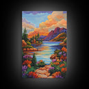 Lake Sunset, Mountains, Cabin, Framed Canvas Print, Serene mountain lake at sunset with cozy cabins, peaceful autumn living room wall art