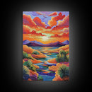 Sunset Desert, River, Color, Framed Canvas Print dreamy painted desert river sunset, colorful sky landscape artwork, nature boho art