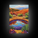 Pond Reflection, Nature, Desert, Framed Canvas Print tranquil desert pond painting, colorful reflection landscape art,  entryway wall decor