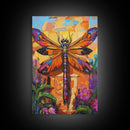 Dragonfly Floral, Bold, Nature, Framed Canvas Print, Boho dragonfly wall art, vivid nature insect painting, Bathroom or Entryway Art